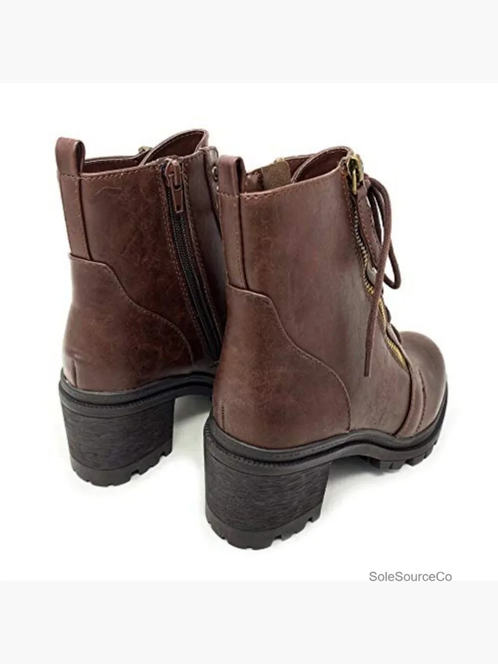 Faux Leather Lace Up Chunky Heel Ankle Booties Block Heel Zipper Boots
